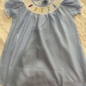 Back to School Blue Gingham Smocked Dress with Rainbow Crayon Detail 🖍️